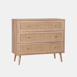 Cómoda com efeito madeira e cana de 3 gavetas, Boheme, Natural, 90x39x79 cm