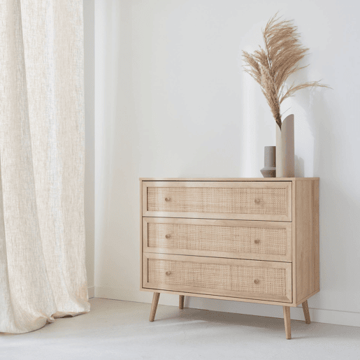Cómoda com efeito madeira e cana de 3 gavetas, Boheme, Natural, 90x39x79 cm