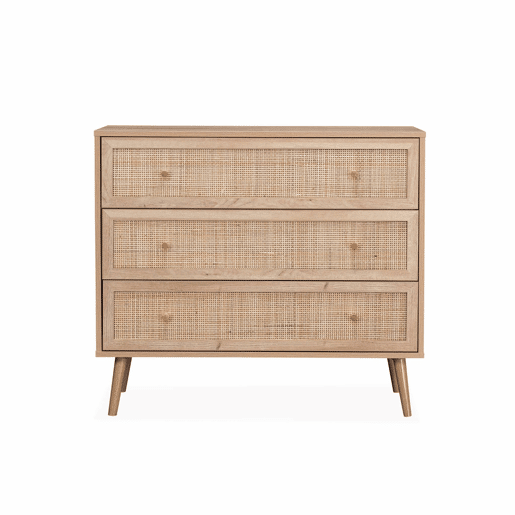 Cómoda com efeito madeira e cana de 3 gavetas, Boheme, Natural, 90x39x79 cm