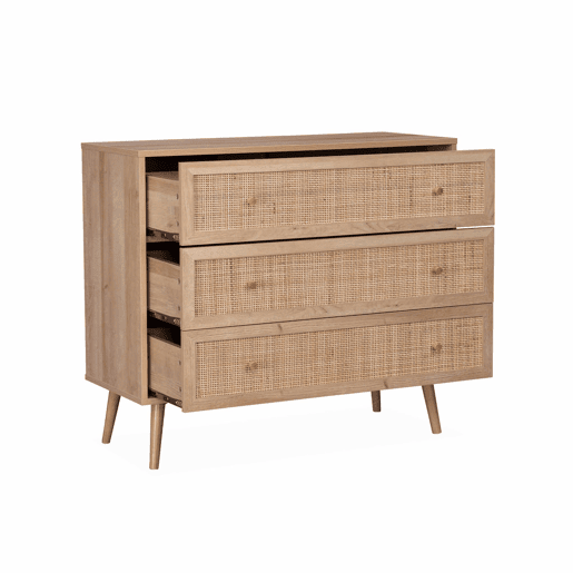 Cómoda com efeito madeira e cana de 3 gavetas, Boheme, Natural, 90x39x79 cm