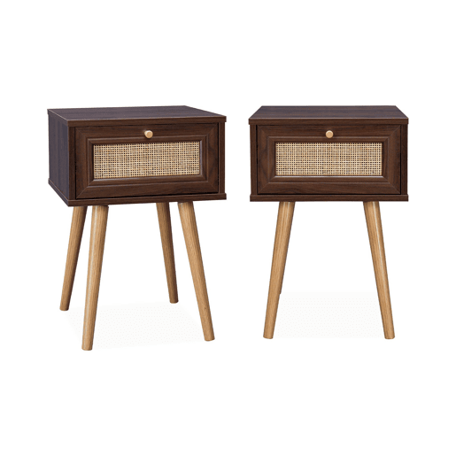 Mesa de cabeceira com efeito de madeira e cana, set de 2, Boheme, Madeira escura, 39x39x55.4 cm