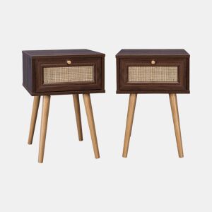 Mesa de cabeceira com efeito de madeira e cana, set de 2, Boheme, Madeira escura, 39x39x55.4 cm