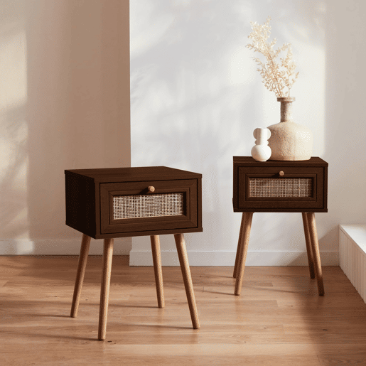 Mesa de cabeceira com efeito de madeira e cana, set de 2, Boheme, Madeira escura, 39x39x55.4 cm