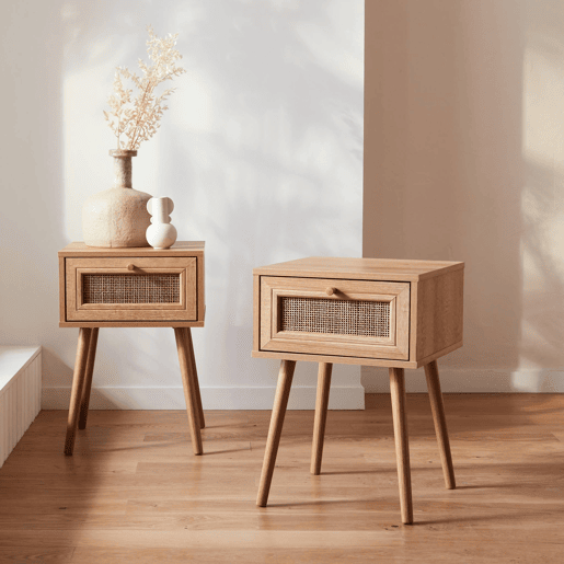 Mesa de cabeceira com efeito de madeira e cana, set de 2, Boheme, Natural, 39x39x55.4 cm