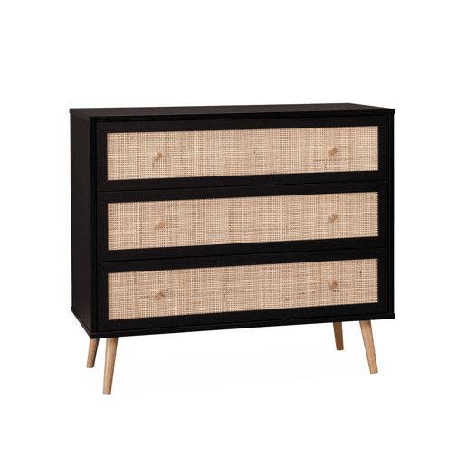 Cómoda com efeito madeira e cana de 3 gavetas, Boheme, Preto, 90x39x79 cm