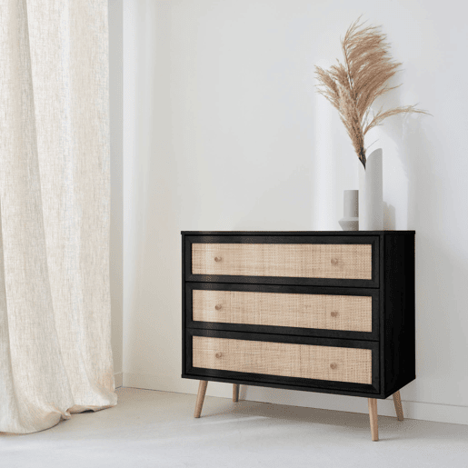 Cómoda com efeito madeira e cana de 3 gavetas, Boheme, Preto, 90x39x79 cm