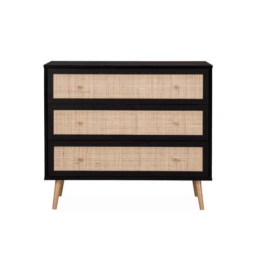 Cómoda com efeito madeira e cana de 3 gavetas, Boheme, Preto, 90x39x79 cm