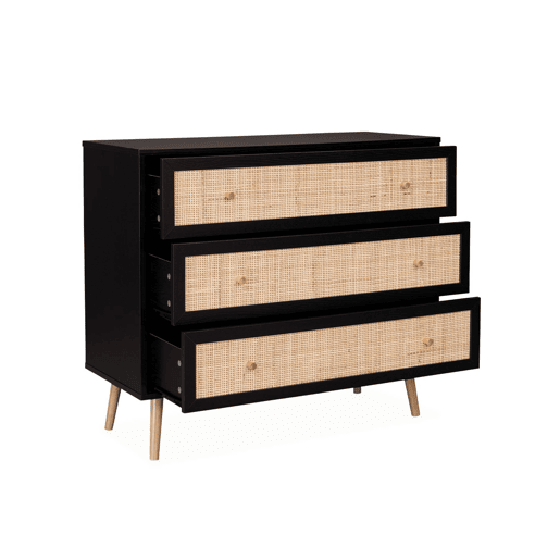 Cómoda com efeito madeira e cana de 3 gavetas, Boheme, Preto, 90x39x79 cm