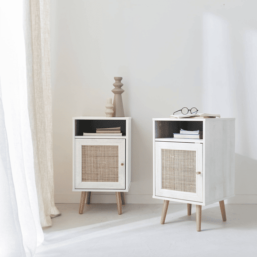 Mesa de cabeceira de vime escandinava, set de 2, Boheme, Branco sujo, 39x40x70 cm