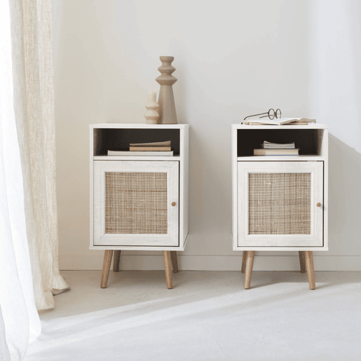 Mesa de cabeceira de vime escandinava, set de 2, Boheme, Branco sujo, 39x40x70 cm