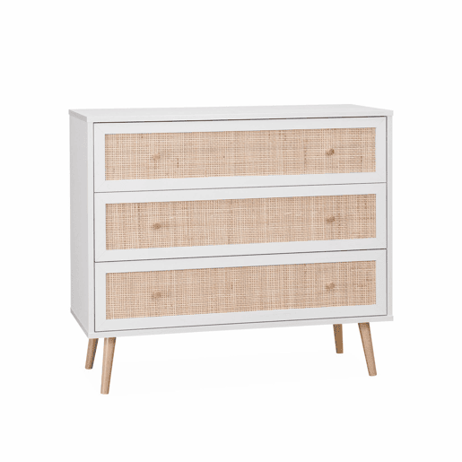 Cómoda com efeito madeira e cana de 3 gavetas, Boheme, Branco sujo, 90x39x79 cm