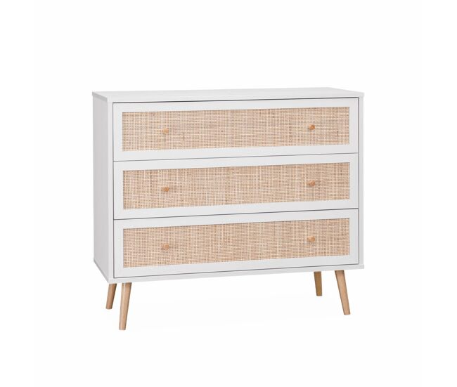 Cómoda de caña con 3 cajones blanco roto - 90x39x79 cm