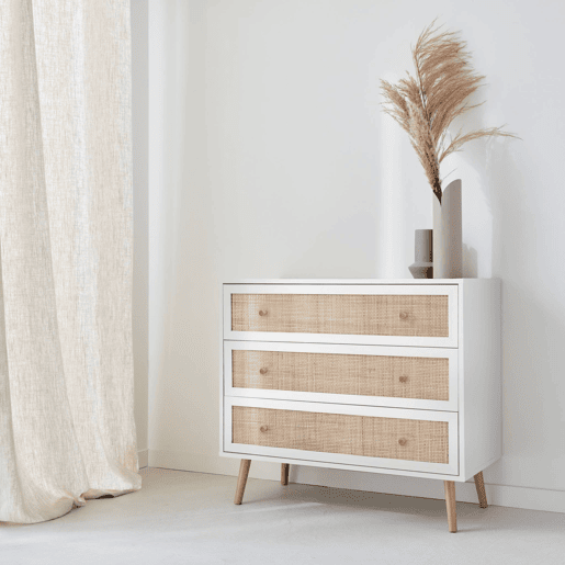 Cómoda com efeito madeira e cana de 3 gavetas, Boheme, Branco sujo, 90x39x79 cm