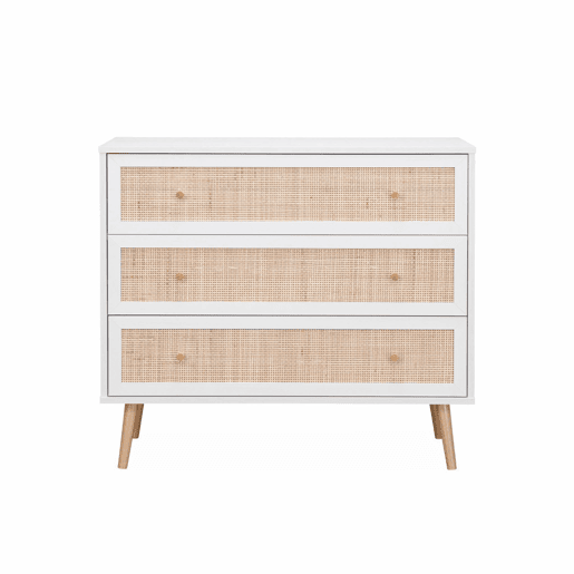 Cómoda com efeito madeira e cana de 3 gavetas, Boheme, Branco sujo, 90x39x79 cm