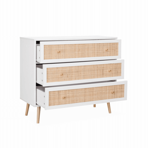 Cómoda com efeito madeira e cana de 3 gavetas, Boheme, Branco sujo, 90x39x79 cm