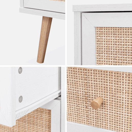 Cómoda com efeito madeira e cana de 3 gavetas, Boheme, Branco sujo, 90x39x79 cm