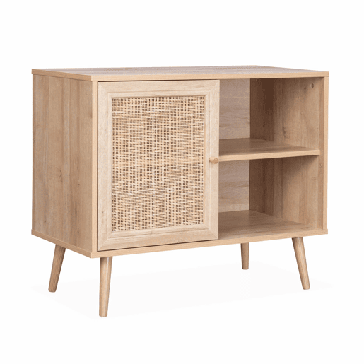 Aparador com efeito de madeira e cana de 1 porta, 80cm, Boheme, Natural, 80x39x65.8 cm