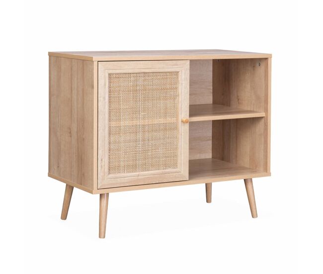 Aparador estilo escandinavo con 1 puerta de caña, 80cm natural - 80x39x65.8 cm