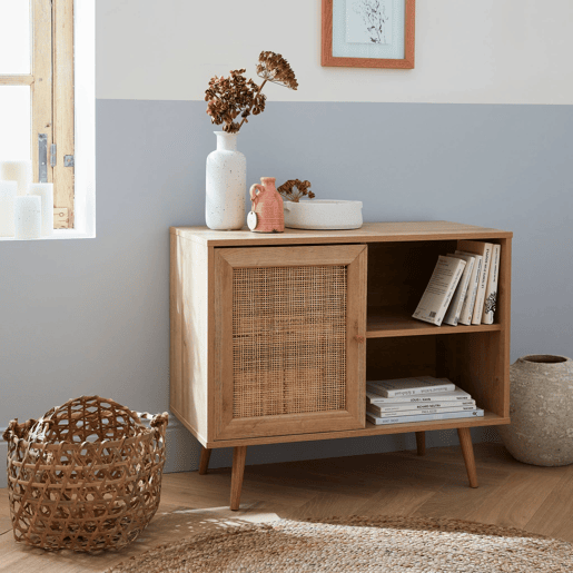 Aparador com efeito de madeira e cana de 1 porta, 80cm, Boheme, Natural, 80x39x65.8 cm