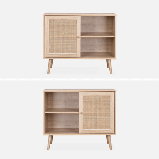 Aparador com efeito de madeira e cana de 1 porta, 80cm, Boheme, Natural, 80x39x65.8 cm