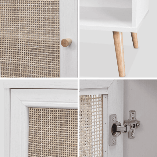 Aparador com efeito de madeira e cana de 1 porta, 80cm, Boheme, Branco sujo, 80x39x65.8 cm