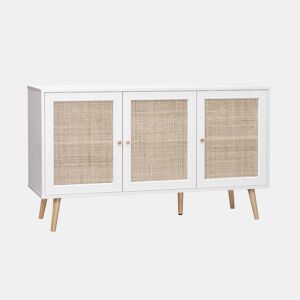 Aparador com efeito de madeira e cana de 3 portas, 120cm, Boheme, Branco sujo, 120x39x70 cm