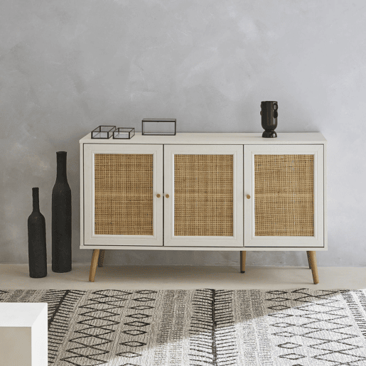 Aparador com efeito de madeira e cana de 3 portas, 120cm, Boheme, Branco sujo, 120x39x70 cm