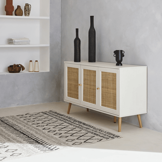 Aparador com efeito de madeira e cana de 3 portas, 120cm, Boheme, Branco sujo, 120x39x70 cm