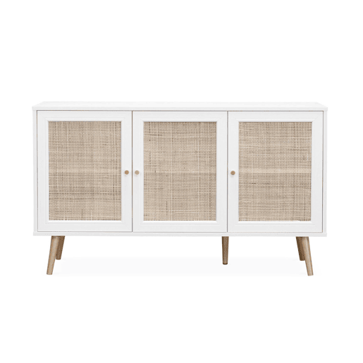 Aparador com efeito de madeira e cana de 3 portas, 120cm, Boheme, Branco sujo, 120x39x70 cm