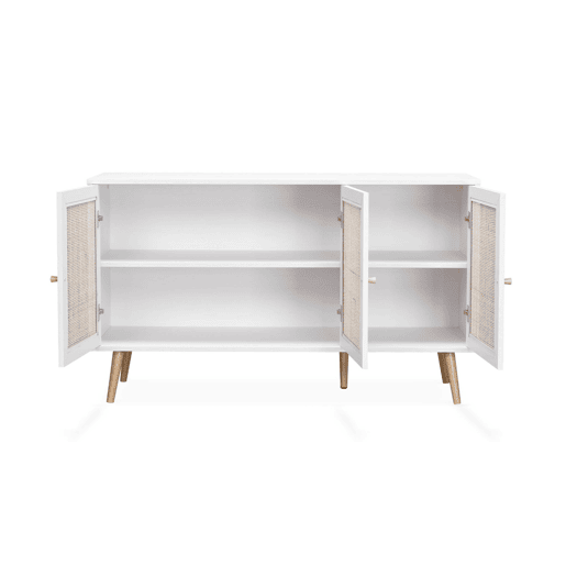 Aparador com efeito de madeira e cana de 3 portas, 120cm, Boheme, Branco sujo, 120x39x70 cm