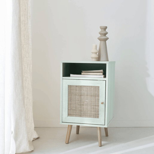 Mesa de cabeceira de vime escandinava, Boheme, Verde celadon, 39x40x70 cm