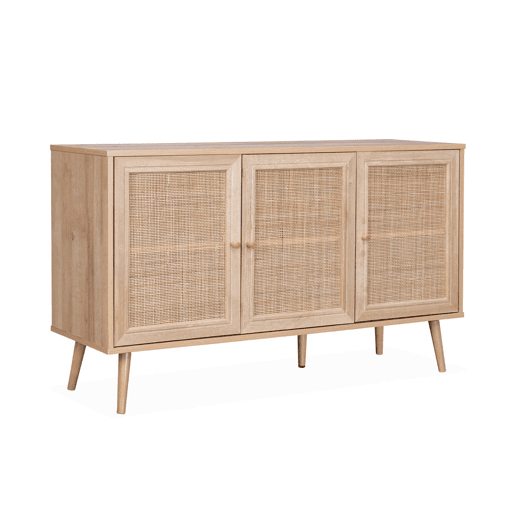 Aparador com efeito de madeira e cana de 3 portas, 120cm, Boheme, Natural, 120x39x70 cm
