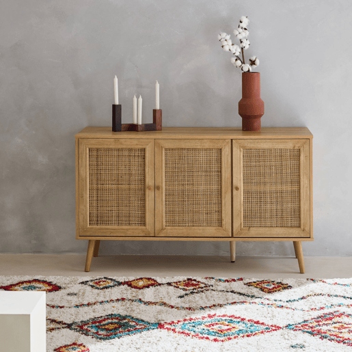 Aparador com efeito de madeira e cana de 3 portas, 120cm, Boheme, Natural, 120x39x70 cm