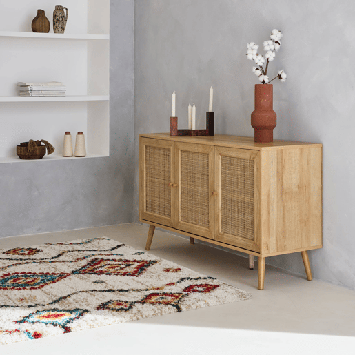 Aparador com efeito de madeira e cana de 3 portas, 120cm, Boheme, Natural, 120x39x70 cm