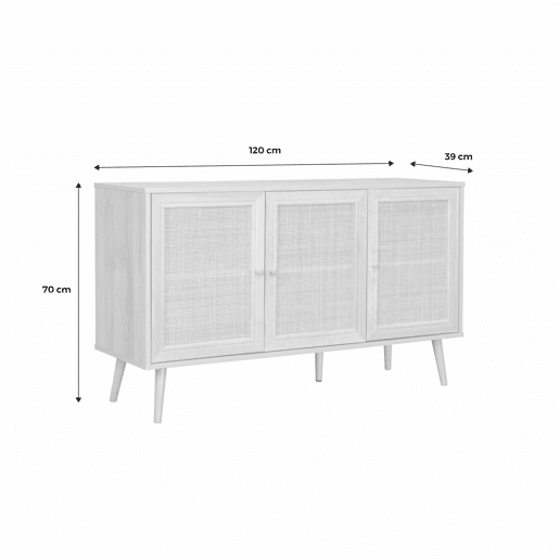 Aparador com efeito de madeira e cana de 3 portas, 120cm, Boheme, Natural, 120x39x70 cm