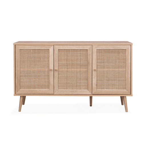 Aparador com efeito de madeira e cana de 3 portas, 120cm, Boheme, Natural, 120x39x70 cm