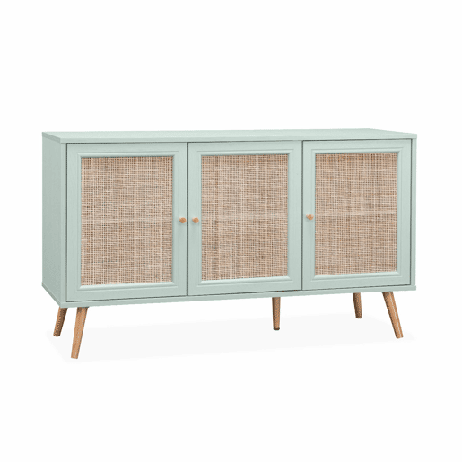 Aparador com efeito de madeira e cana de 3 portas, 120cm, Boheme, Verde celadon, 120x39x70 cm
