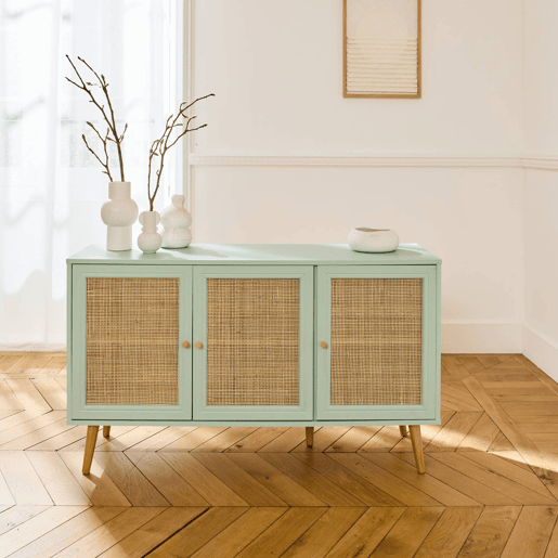 Aparador com efeito de madeira e cana de 3 portas, 120cm, Boheme, Verde celadon, 120x39x70 cm