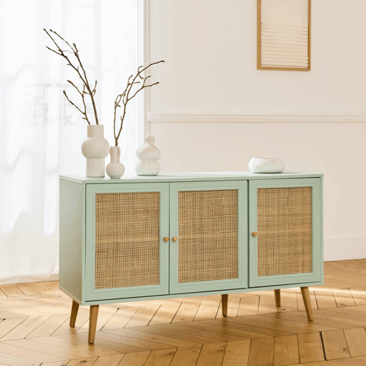 Aparador com efeito de madeira e cana de 3 portas, 120cm, Boheme, Verde celadon, 120x39x70 cm