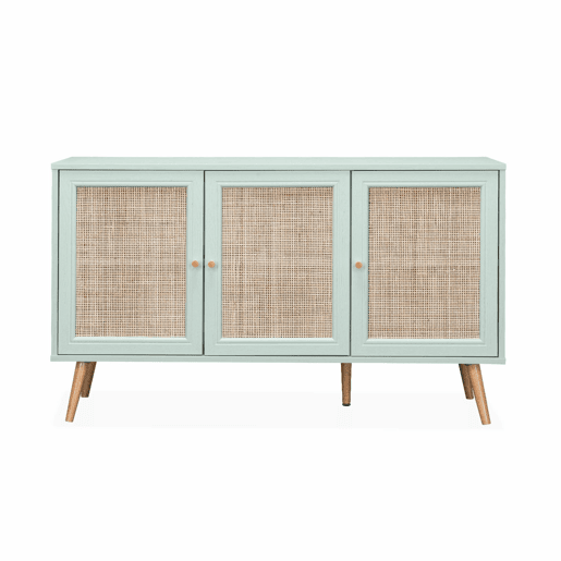 Aparador com efeito de madeira e cana de 3 portas, 120cm, Boheme, Verde celadon, 120x39x70 cm