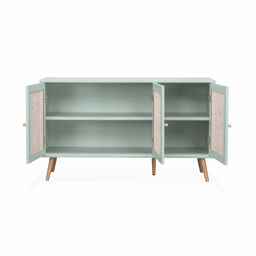 Aparador com efeito de madeira e cana de 3 portas, 120cm, Boheme, Verde celadon, 120x39x70 cm