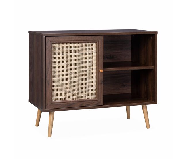 Aparador estilo escandinavo con 1 puerta de caña, 80cm madera oscura - 80x39x65.8 cm