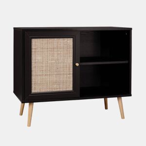 Aparador com efeito de madeira e cana de 1 porta, 80cm, Boheme, Preto, 80x39x65.8 cm