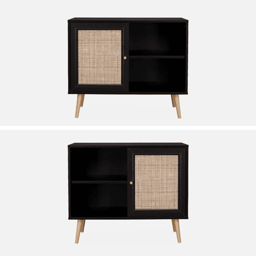 Aparador com efeito de madeira e cana de 1 porta, 80cm, Boheme, Preto, 80x39x65.8 cm