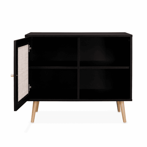 Aparador com efeito de madeira e cana de 1 porta, 80cm, Boheme, Preto, 80x39x65.8 cm