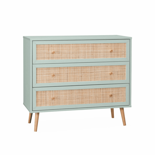 Cómoda com efeito madeira e cana de 3 gavetas, Boheme, Verde celadon, 90x39x79 cm