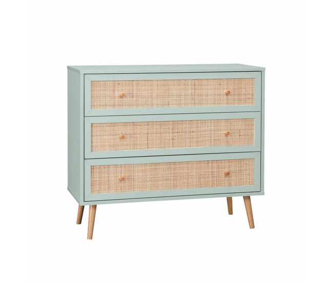 Cómoda de caña con 3 cajones verde celadón - 90x39x79 cm