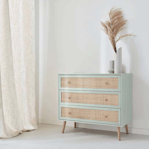 Cómoda com efeito madeira e cana de 3 gavetas, Boheme, Verde celadon, 90x39x79 cm