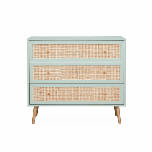 Cómoda com efeito madeira e cana de 3 gavetas, Boheme, Verde celadon, 90x39x79 cm