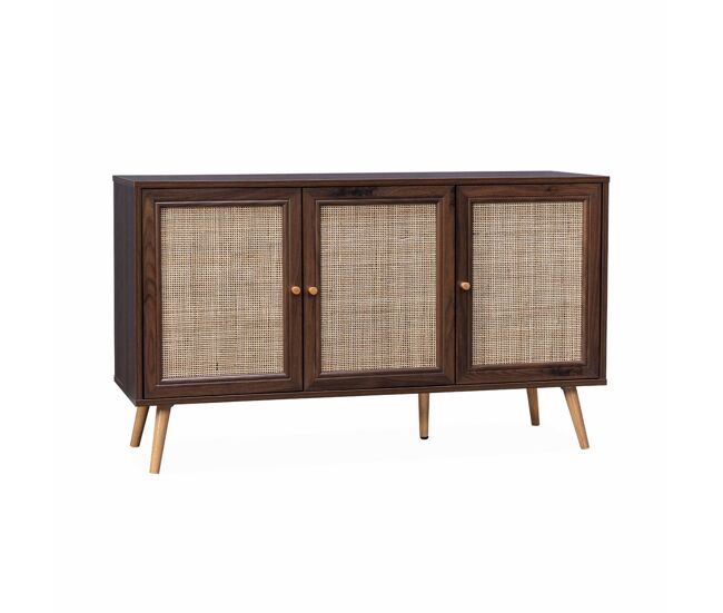Aparador 3 puertas de caña, 120cm madera oscura - 120x39x70 cm